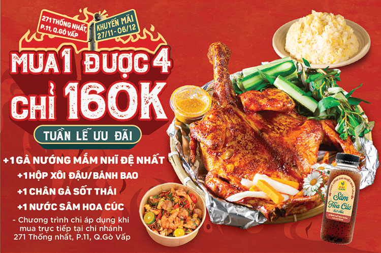 Khuyến Mãi Mua 1 Được 4 Đệ Nhất Gà Nướng Thống Nhất